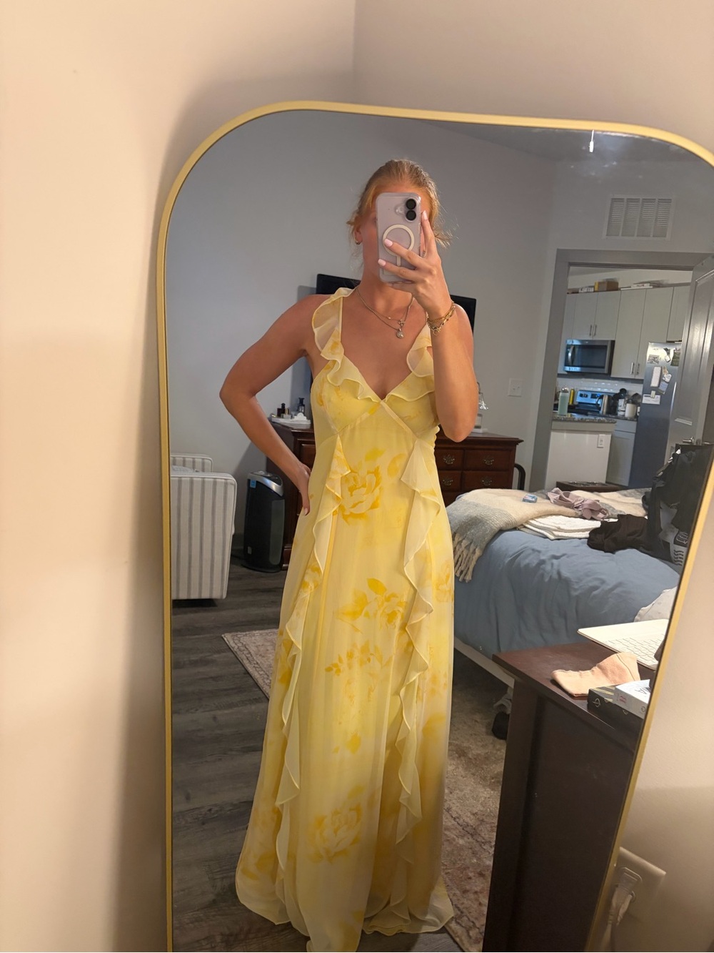 Gianni Bini Yellow Floral Ruffle-Trim Maxi Dress- NEVER WORN